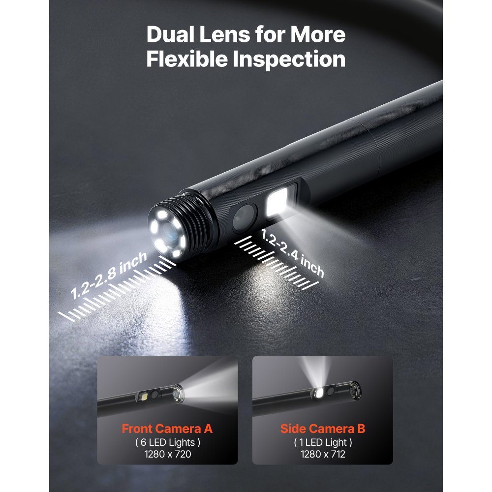 VEVOR Endoscopio de Doble Cámara, Cámara de Inspección con Pantalla IPS, Sonda de 5,5 mm, Batería 3000 mAh, Cable de 5 m, 32 GB, Luces LED, Zoom 8X para Motores, HVAC, Tuberías, Automoción, Fontanería