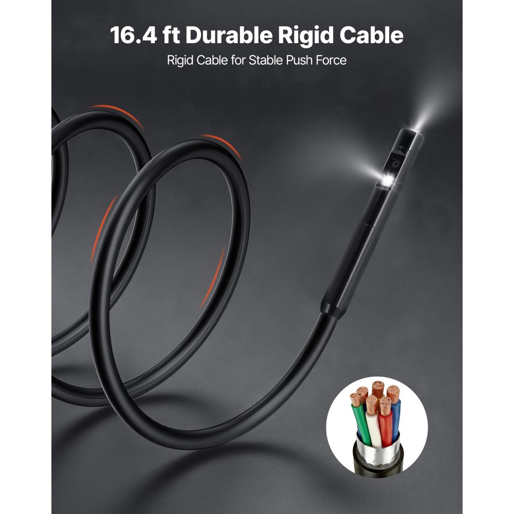 VEVOR Endoscopio de Doble Cámara, Cámara de Inspección con Pantalla IPS, Sonda de 5,5 mm, Batería 3000 mAh, Cable de 5 m, 32 GB, Luces LED, Zoom 8X para Motores, HVAC, Tuberías, Automoción, Fontanería