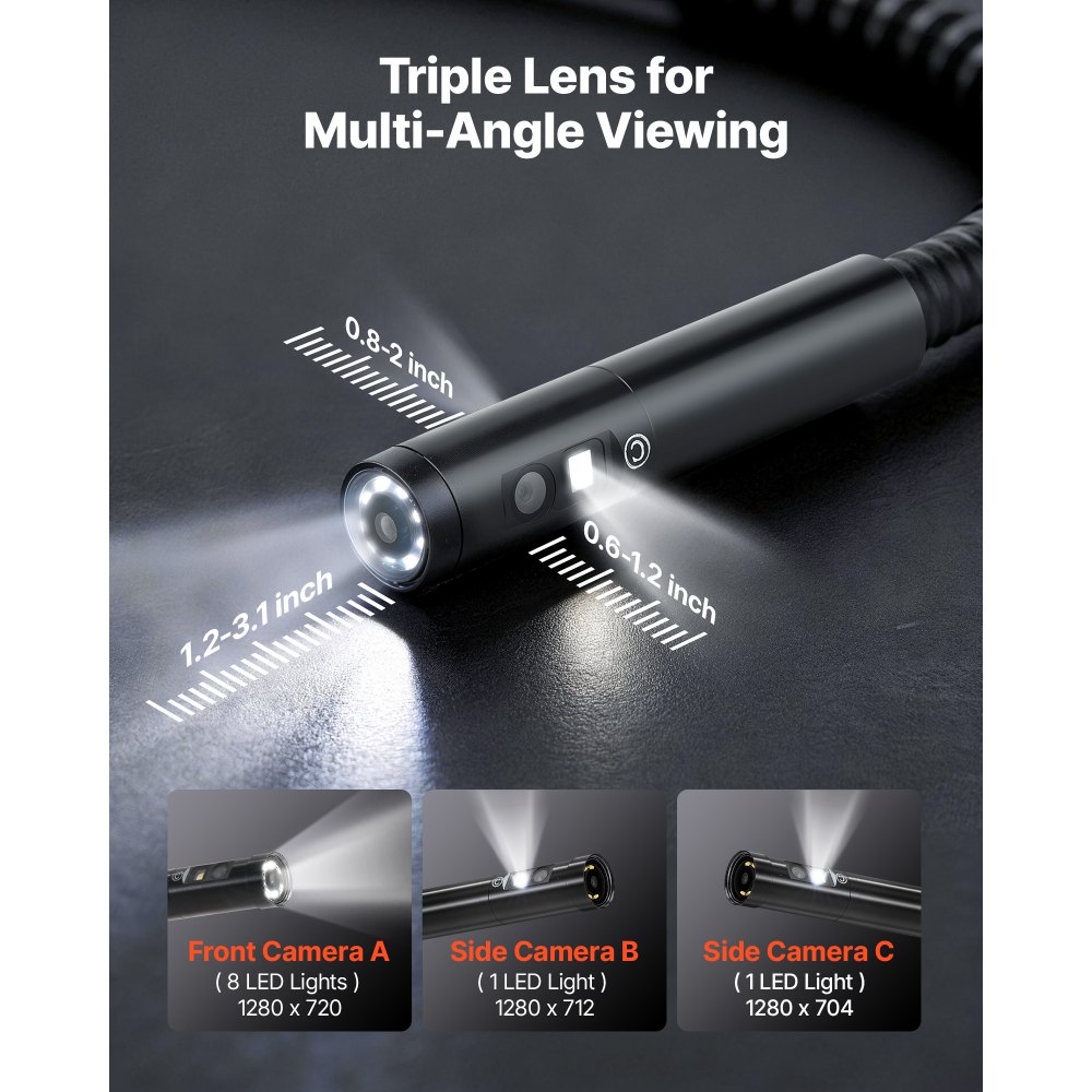 VEVOR Endoscopio de Triple Cámara con Pantalla IPS, Cámara de Inspección con Pantalla Dividida, Sonda de 8 mm, Cable de 3 m y 5 m, Batería 5000 mAh, Luces LED, 32 GB, para Motores, HVAC y Tuberías