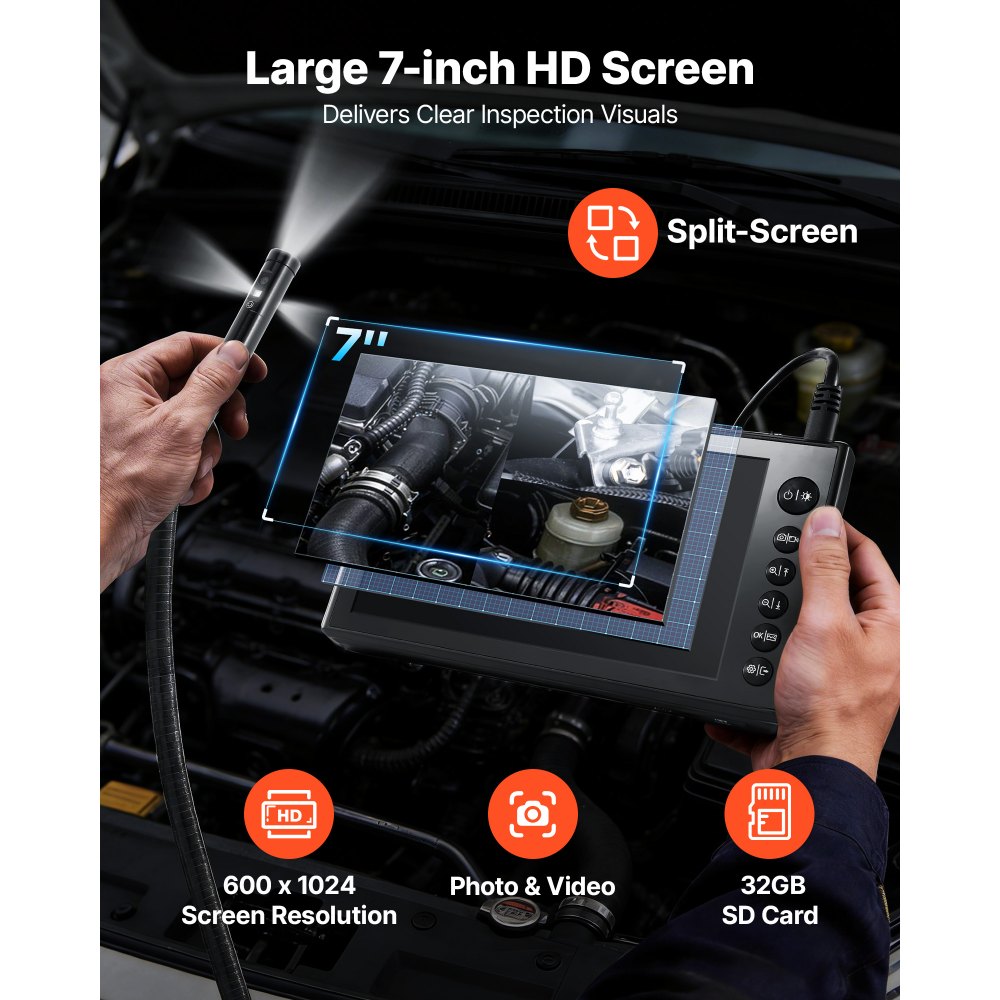 VEVOR Endoscopio de Triple Cámara con Pantalla IPS, Cámara de Inspección con Pantalla Dividida, Sonda de 8 mm, Cable de 3 m y 5 m, Batería 5000 mAh, Luces LED, 32 GB, para Motores, HVAC y Tuberías
