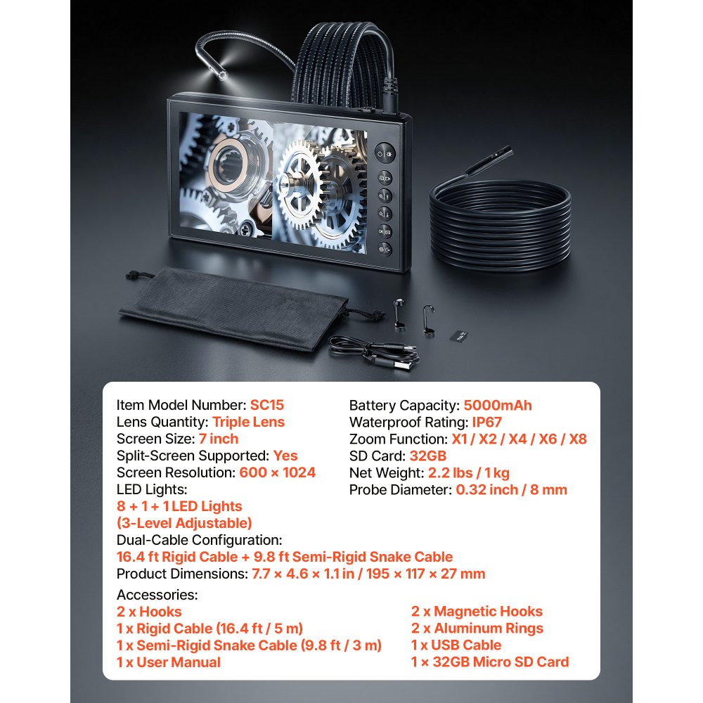 VEVOR Endoscopio de Triple Cámara con Pantalla IPS, Cámara de Inspección con Pantalla Dividida, Sonda de 8 mm, Cable de 3 m y 5 m, Batería 5000 mAh, Luces LED, 32 GB, para Motores, HVAC y Tuberías