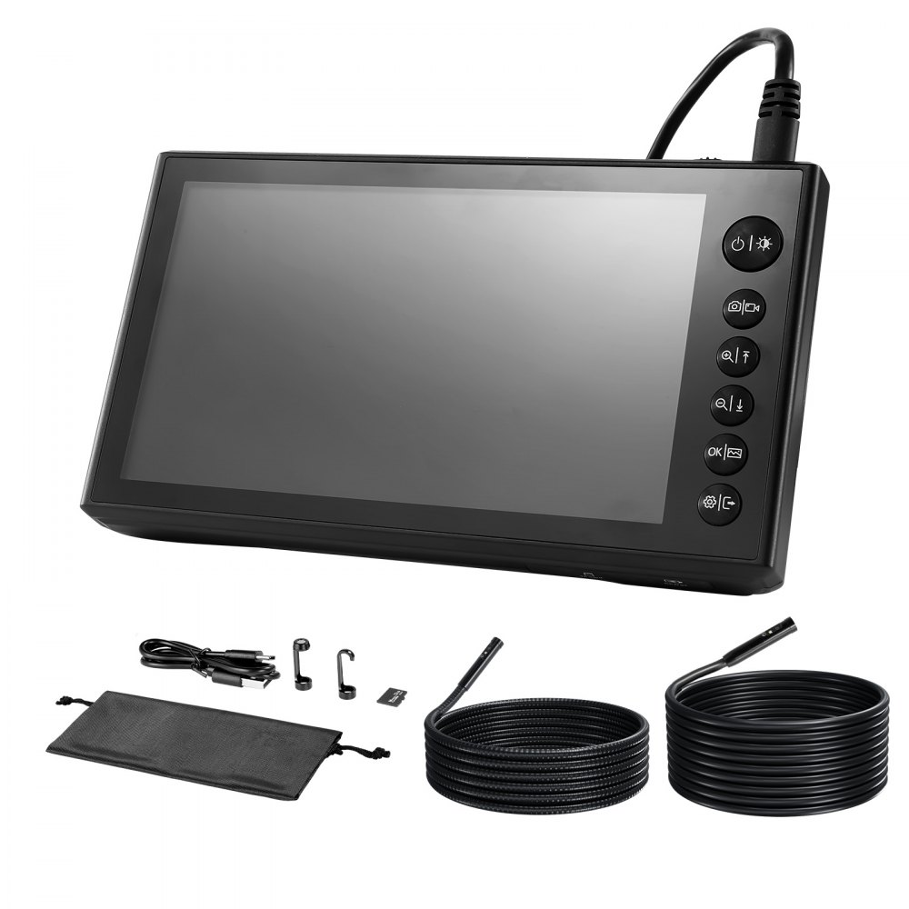 VEVOR Endoscopio de Triple Cámara con Pantalla IPS, Cámara de Inspección con Pantalla Dividida, Sonda de 8 mm, Cable de 3 m y 5 m, Batería 5000 mAh, Luces LED, 32 GB, para Motores, HVAC y Tuberías
