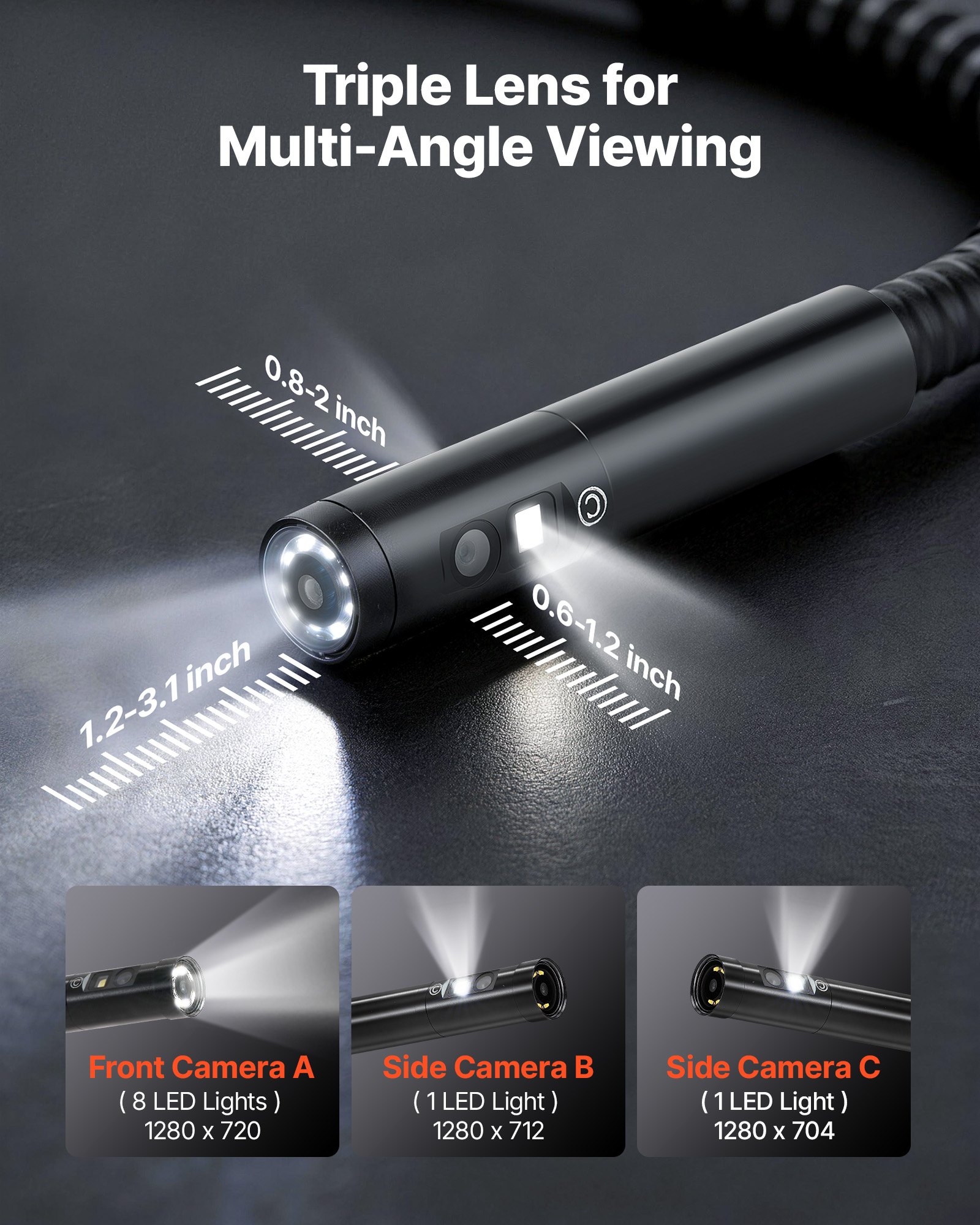 VEVOR Endoscopio de Triple Cámara con Pantalla IPS, Cámara de Inspección con Pantalla Dividida, Sonda de 8 mm, Cable de 3 m y 5 m, Batería 5000 mAh, Luces LED, 32 GB, para Motores, HVAC y Tuberías