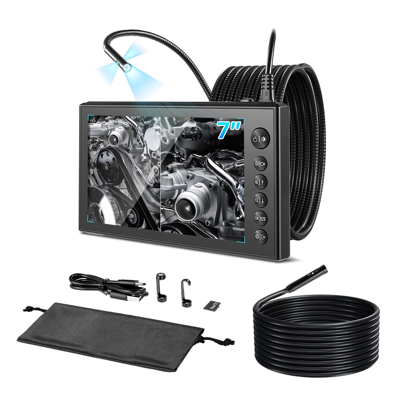 VEVOR Endoscopio de Triple Cámara con Pantalla IPS, Cámara de Inspección con Pantalla Dividida, Sonda de 8 mm, Cable de 3 m y 5 m, Batería 5000 mAh, Luces LED, 32 GB, para Motores, HVAC y Tuberías