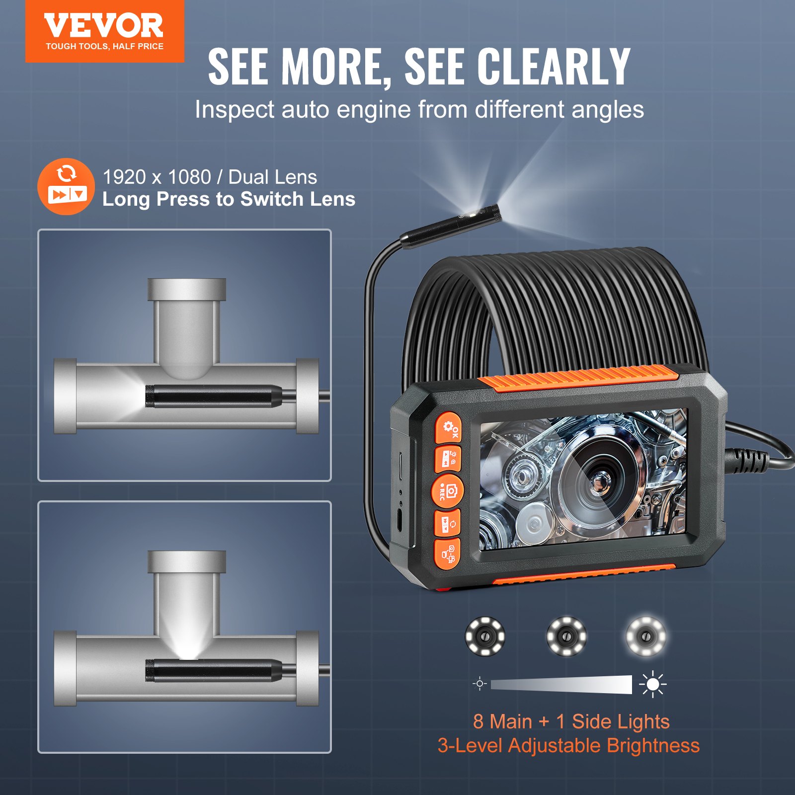 Cámara endoscópica VEVOR con luz, boroscopio de doble lente con cable semirrígido de 49,2 pies, cámara de inspección de 1080P con pantalla de 4,3", 8 + 1 luces LED, zoom de 4X, cámara tipo serpiente impermeable IP67 para automóviles y plomería