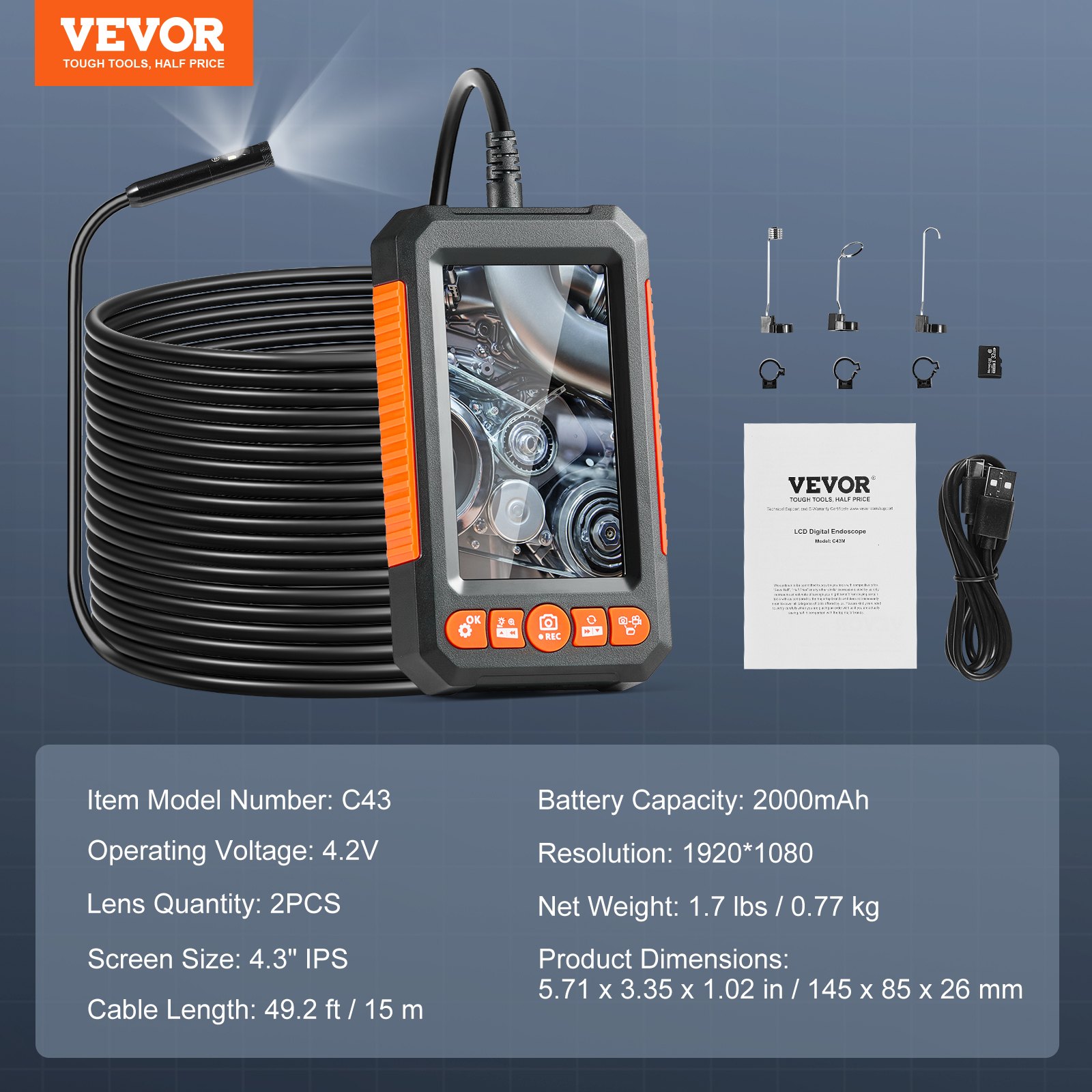 Cámara endoscópica VEVOR con luz, boroscopio de doble lente con cable semirrígido de 49,2 pies, cámara de inspección de 1080P con pantalla de 4,3", 8 + 1 luces LED, zoom de 4X, cámara tipo serpiente impermeable IP67 para automóviles y plomería