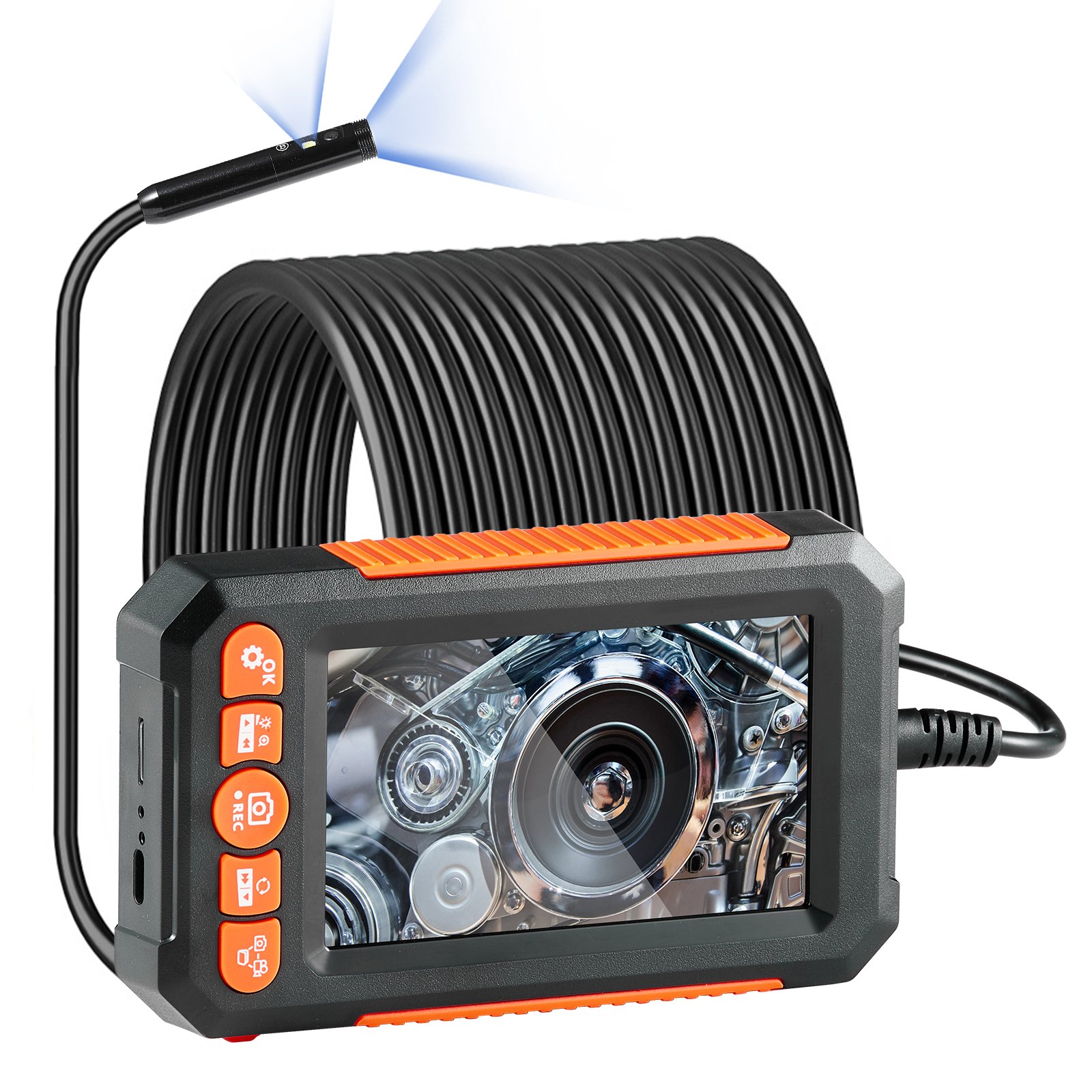Cámara endoscópica VEVOR con luz, boroscopio de doble lente con cable semirrígido de 49,2 pies, cámara de inspección de 1080P con pantalla de 4,3", 8 + 1 luces LED, zoom de 4X, cámara tipo serpiente impermeable IP67 para automóviles y plomería