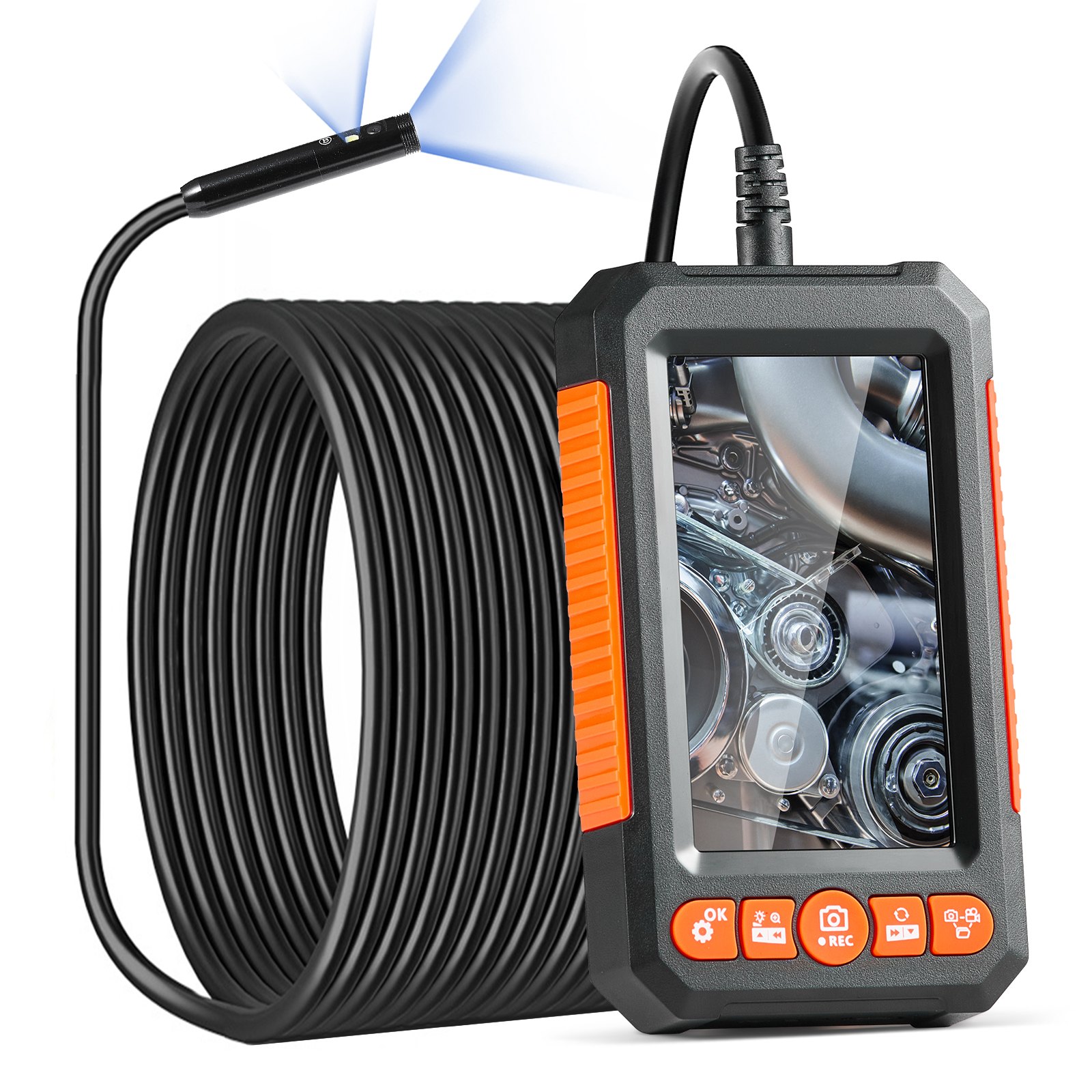 Cámara endoscópica VEVOR con luz, boroscopio de doble lente con cable semirrígido de 49,2 pies, cámara de inspección de 1080P con pantalla de 4,3", 8 + 1 luces LED, zoom de 4X, cámara tipo serpiente impermeable IP67 para automóviles y plomería