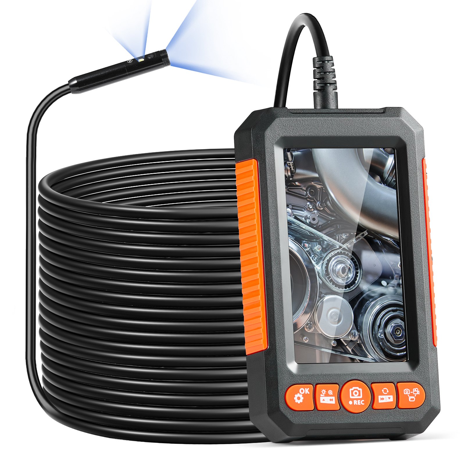 Cámara endoscópica VEVOR con luz, boroscopio de doble lente con cable semirrígido de 49,2 pies, cámara de inspección de 1080P con pantalla de 4,3", 8 + 1 luces LED, zoom de 4X, cámara tipo serpiente impermeable IP67 para automóviles y plomería