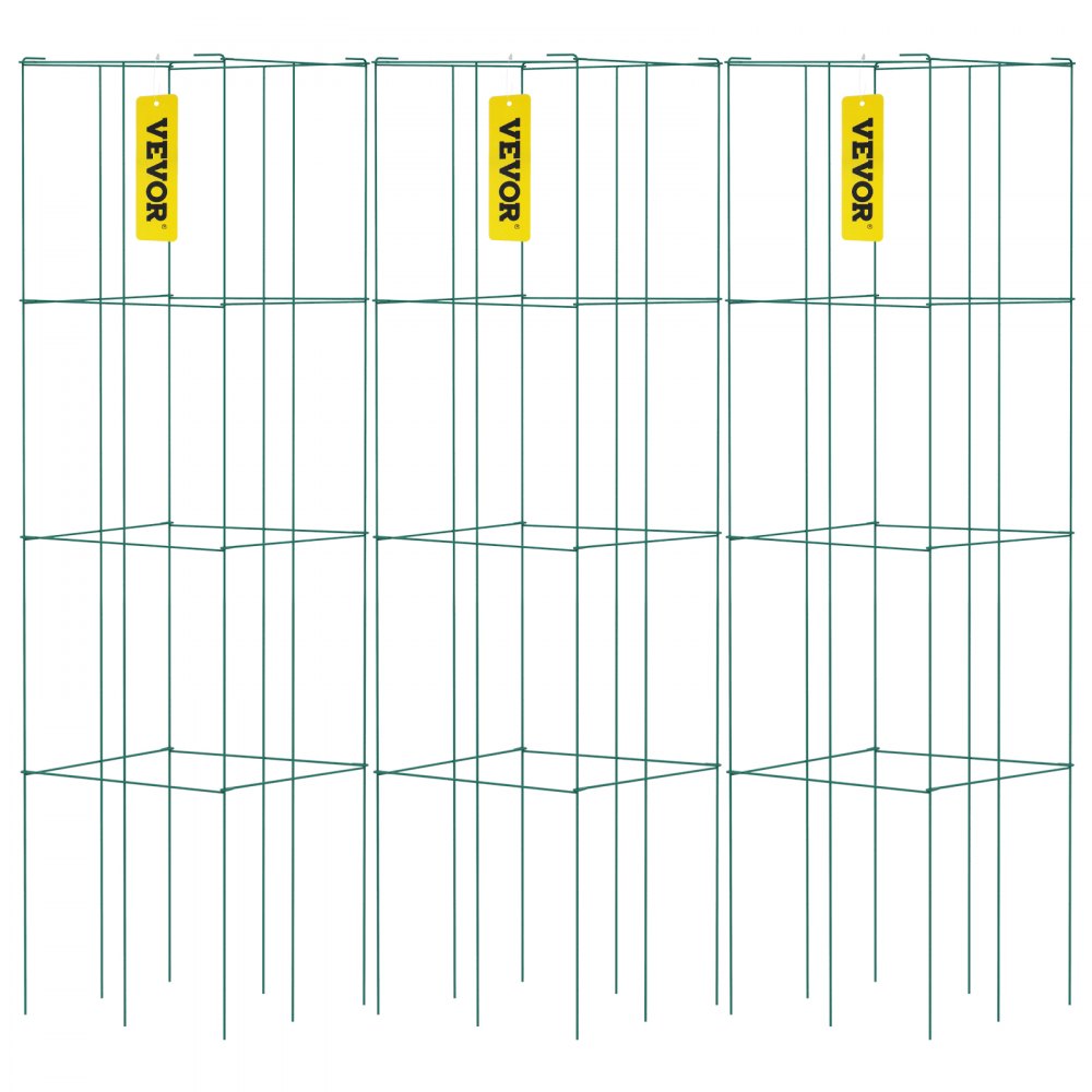 Jaulas para tomates VEVOR, tres estructuras de alambre apiladas de color verde con etiquetas VEVOR amarillas.