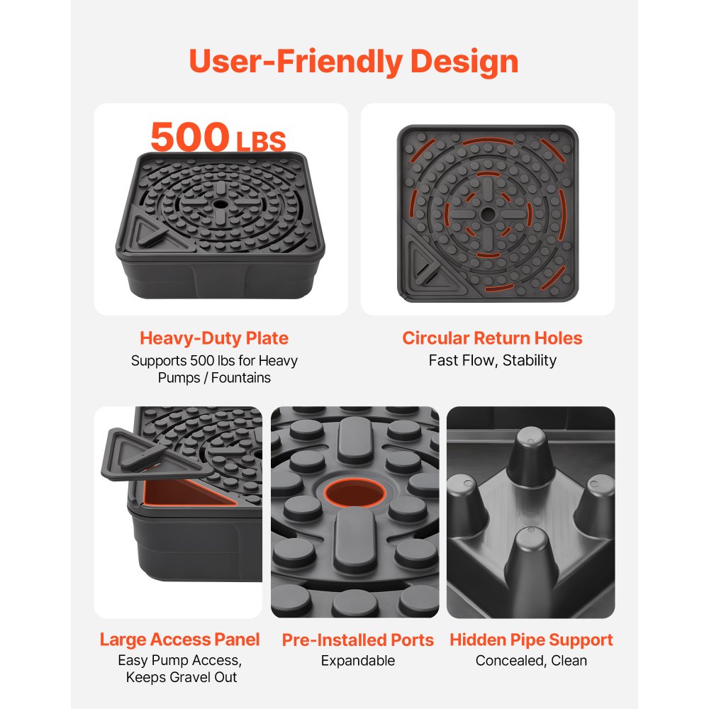 VEVOR Depósito de Fuente 762 x 762 x 254 mm, Base para Fuente Decorativa, Capacidad de Carga hasta 227 kg, Diseño Escondido, Paisajismo de Estanque Cascada para Jardín Patio Parque Hotel, Color Negro