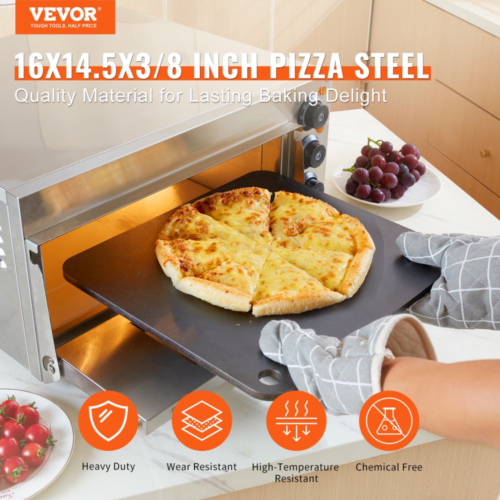 VEVOR Acero para pizza, placa de acero para pizza de 406 x 368 x 10 mm para horno, piedra para hornear pizza de acero al carbono previamente sazonada con 20 veces más conductividad