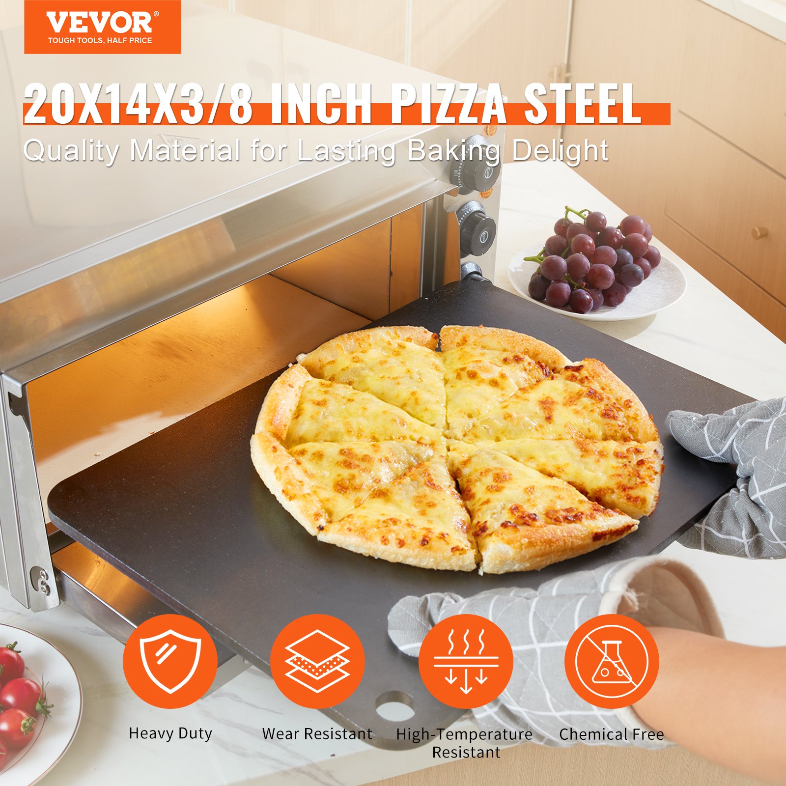 VEVOR Piedra para Pizza 508 x 355 x 10 mm Bandeja de Pizza para Horno Bandeja para Pizza Rectangular de Acero al Carbono Crujiente para Pizza, Pan, Filete, Verduras Frescas o Congeladas, Barbacoa
