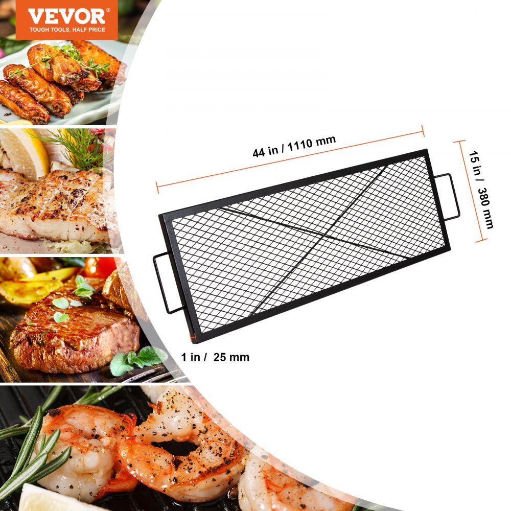 VEVOR 1110 x 380 x 25 mm X-Marks Fire Pit Grill Grate, Rectangular Grill Grate, Steel Campfire BBQ Grill Grate with Handle, Portable Camping Cookware for Outdoor Parties, Black