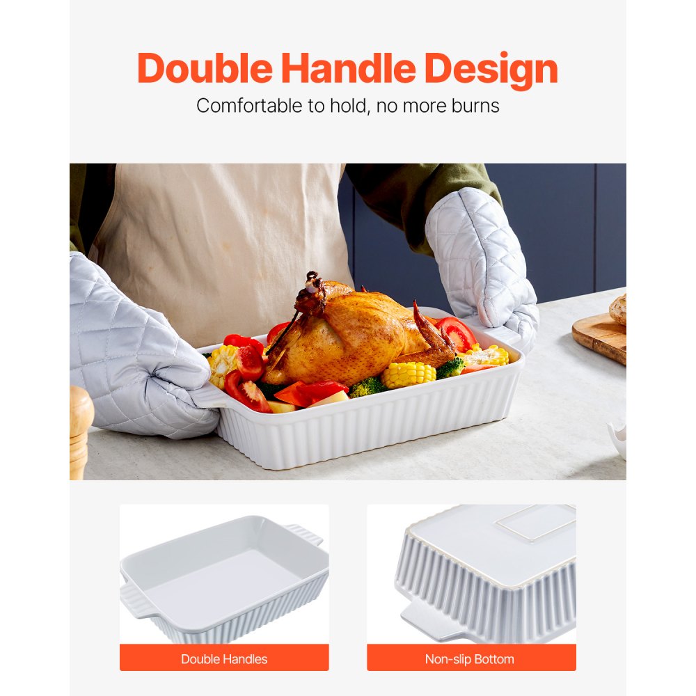 VEVOR Fuente de Cerámica para Horno, Grande, Rectangular con Asas Dobles Apta para Horno, Lasaña, Cazuela Profunda para Hornear y Servir, para Navidad y Acción de Gracias, Blanco, 33,5 x 24,2 x 7,9 cm