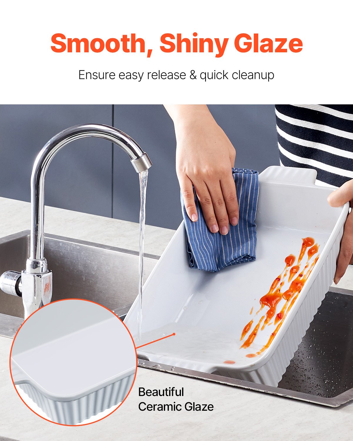 VEVOR Fuente de Cerámica para Horno, Grande, Rectangular con Asas Dobles Apta para Horno, Lasaña, Cazuela Profunda para Hornear y Servir, para Navidad y Acción de Gracias, Blanco, 33,5 x 24,2 x 7,9 cm