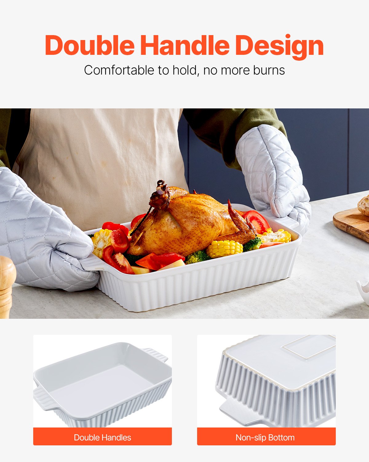 VEVOR Fuente de Cerámica para Horno, Grande, Rectangular con Asas Dobles Apta para Horno, Lasaña, Cazuela Profunda para Hornear y Servir, para Navidad y Acción de Gracias, Blanco, 33,5 x 24,2 x 7,9 cm