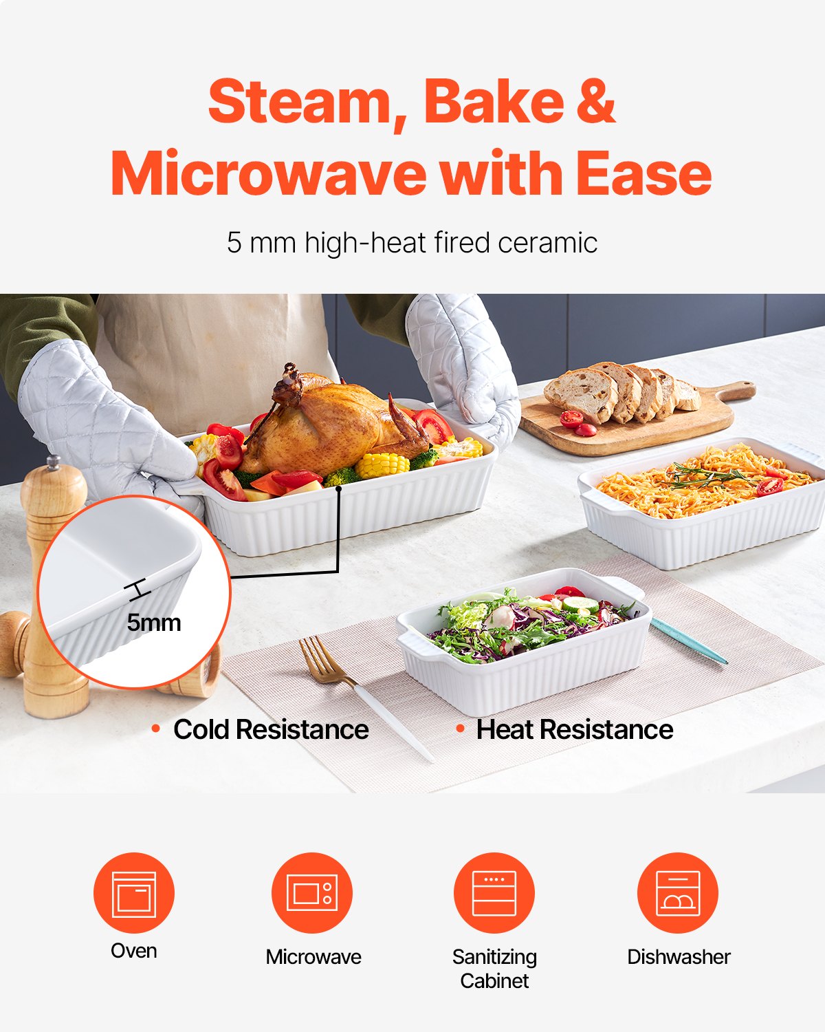 VEVOR Juego de 3 Platos para Hornear de Cerámica Rectangulares Profundos Blanco