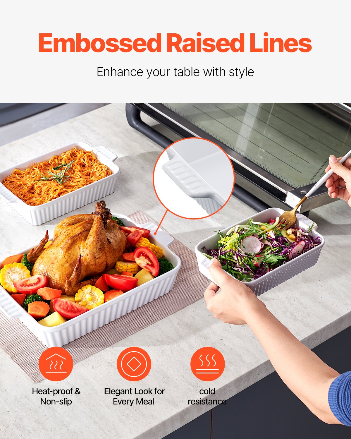 VEVOR Juego de 3 Platos para Hornear de Cerámica Rectangulares Profundos Blanco