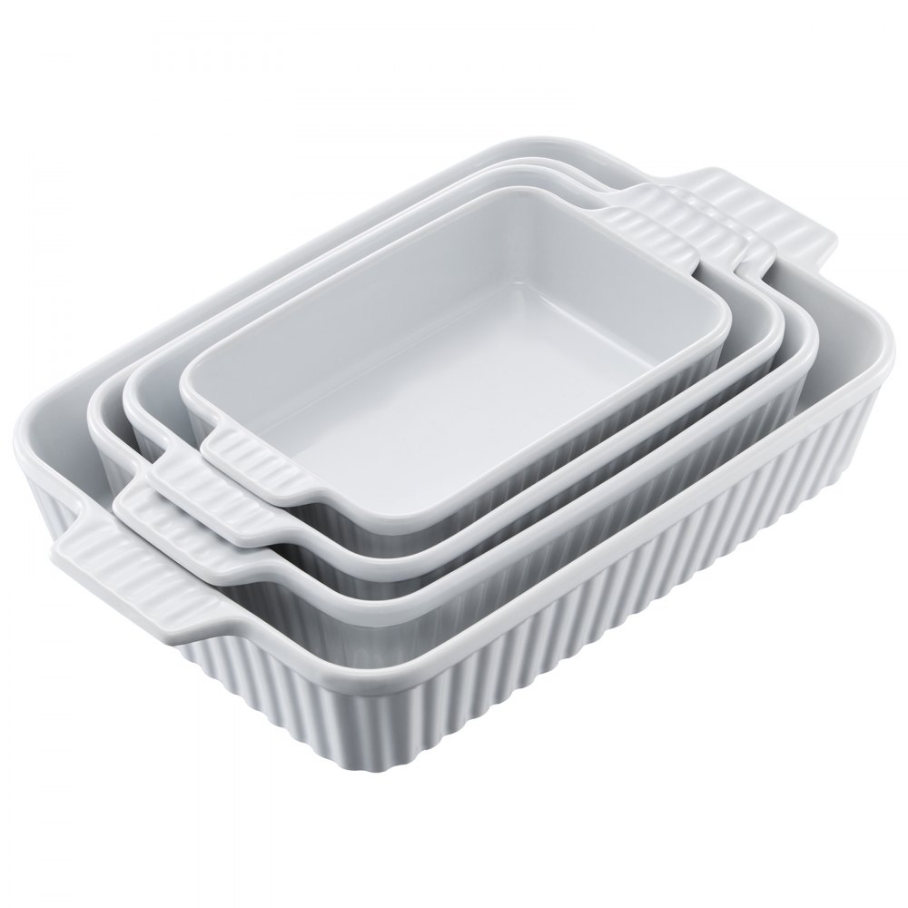 VEVOR Juego de 4 Platos para Hornear de Cerámica Rectangulares y Profundos Blanco