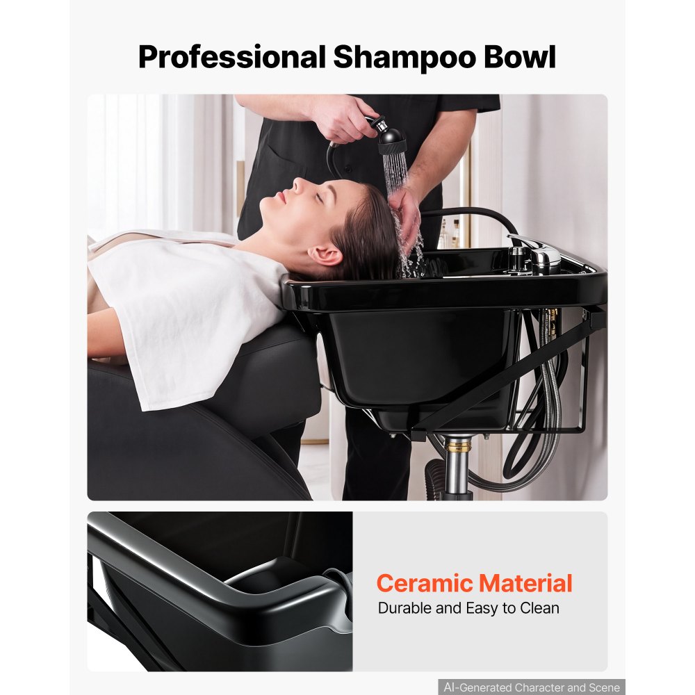 VEVOR Lavacabezas de Cerámica Lavabo para Lavar el Cabello con Grifo Negro, para Salón de Belleza, Peluquería, Barbería, con Manguera de Desagüe, Cabezal de Ducha, Filtro para Pelo, Montaje en Pared