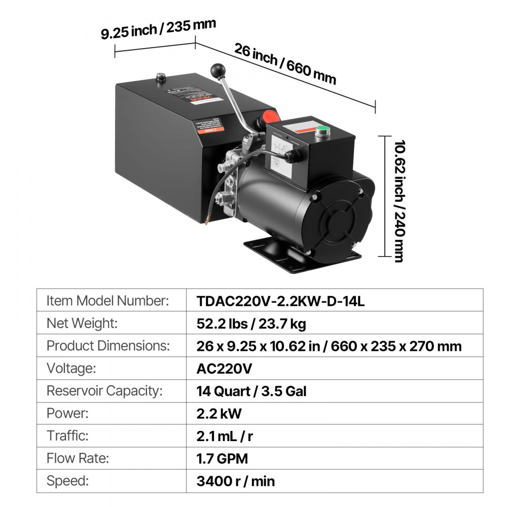 VEVOR Bomba Hidráulica de Acero de Simple Efecto 14 Cuartos, Bomba del Remolque Volquete 220-240 V, Presión Máxima de Alivio de 22 MPa, Caudal de 6,3 L/min, para Elevación de Vehículos, Apiladores