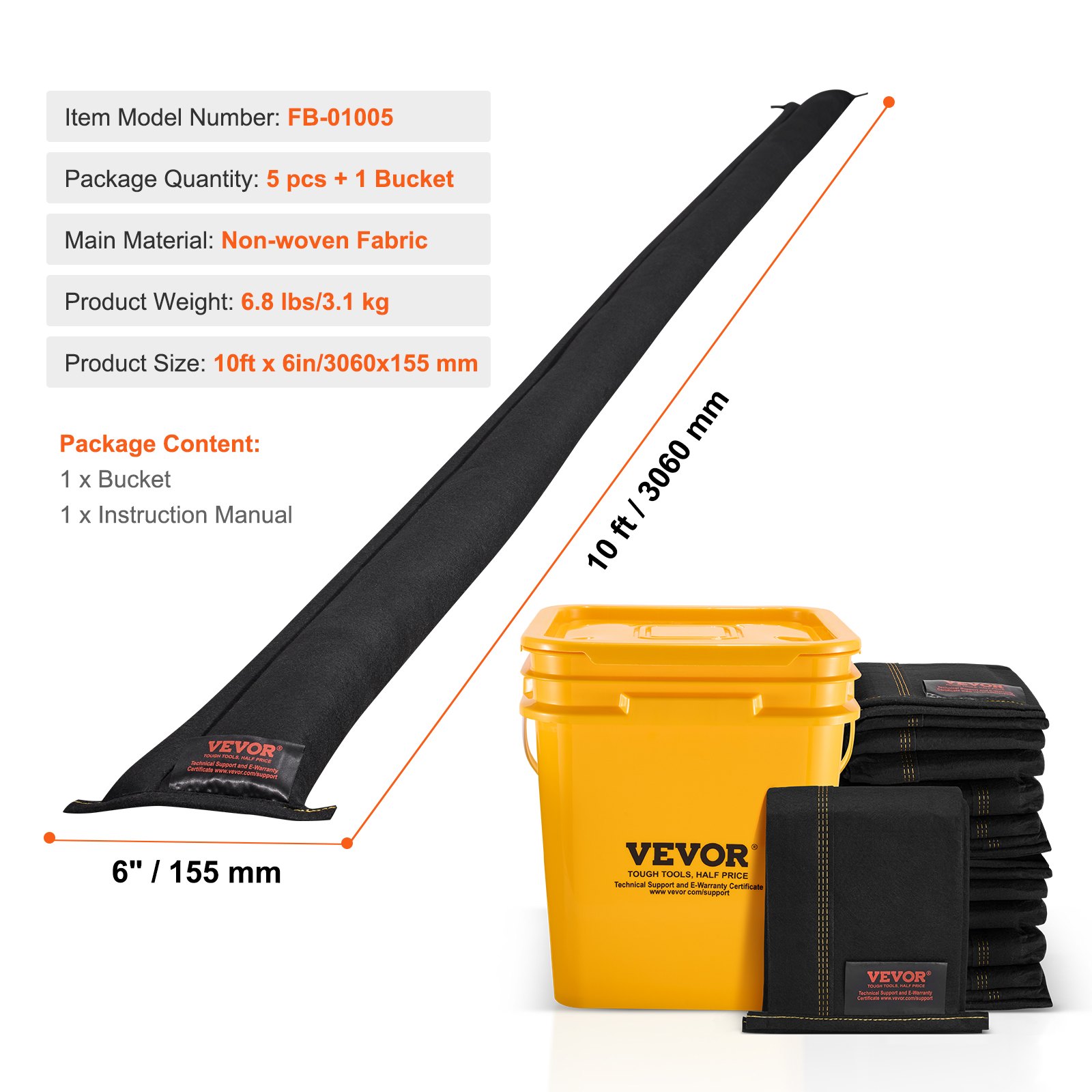 VEVOR Barrera Antiinundaciones 5 Piezas Bolsas contra Inundaciones 306x15,5 cm Dispositivo de Protección contra Inundaciones con Cubo de Plástico, Activado por Agua, para Puerta Garaje Entrada Sótanos