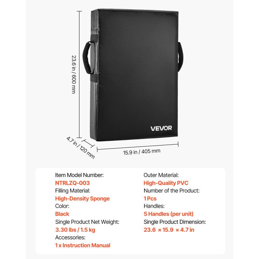 VEVOR Football Blocking Dummy Blocking Pads (600 x 405 x 120 mm), Kick Shield Pad with Handles, Tackling Dummies Made of High-Density Sponge, Training Equipment for Basketball, Hockey, Lacrosse, Black, 1 pc.