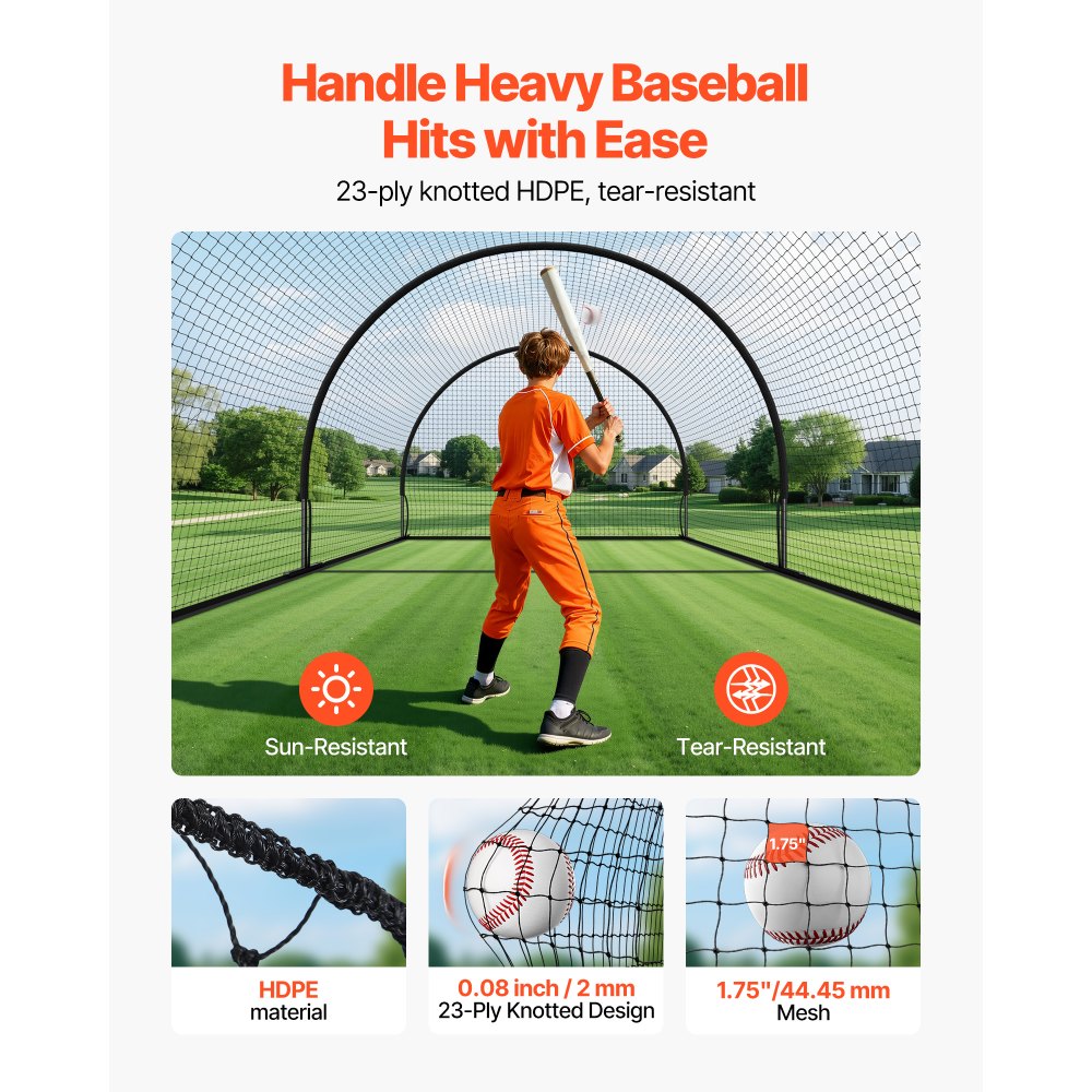 VEVOR Red Semicircular para Bateo de Béisbol de 606 x 366 x 250 cm, con Tejido HDPE Anudado de 30 Capas y Abertura para Lanzadores, para Entrenamiento Intensivo en Interiores y Exteriores, Negro