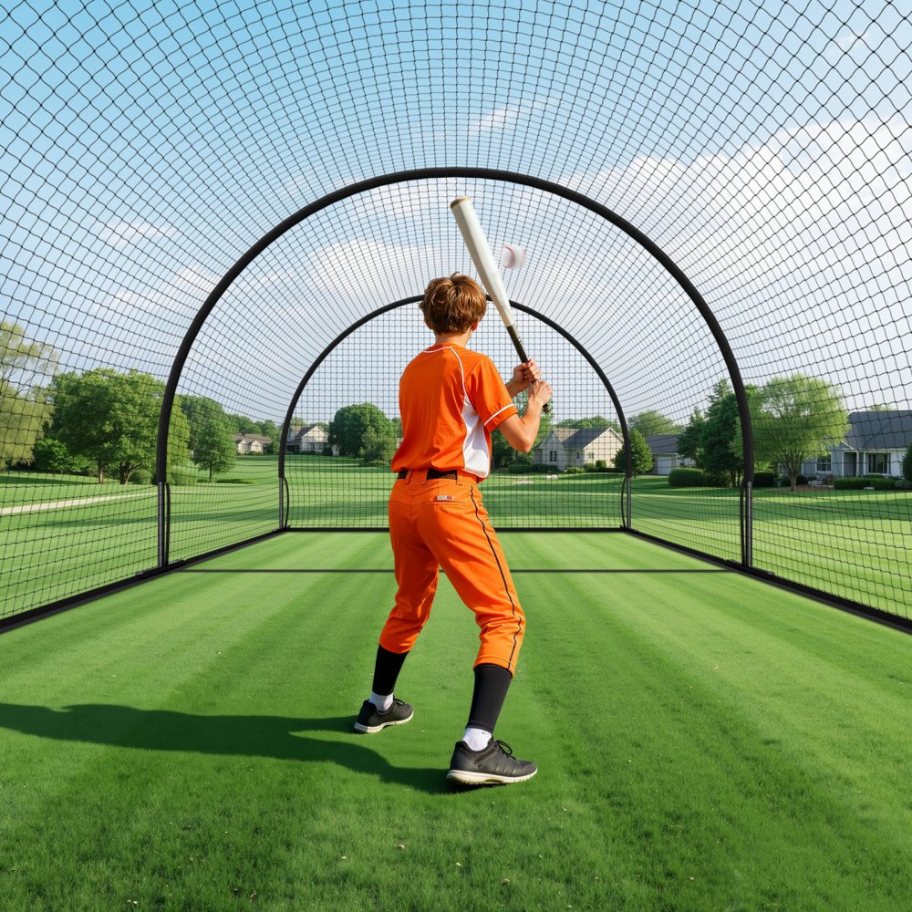 VEVOR Red Semicircular para Bateo de Béisbol de 606 x 366 x 250 cm, con Tejido HDPE Anudado de 30 Capas y Abertura para Lanzadores, para Entrenamiento Intensivo en Interiores y Exteriores, Negro