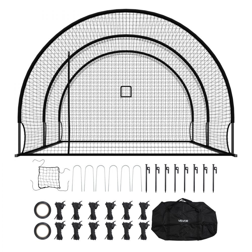VEVOR Red Semicircular para Bateo de Béisbol de 606 x 366 x 250 cm, con Tejido HDPE Anudado de 30 Capas y Abertura para Lanzadores, para Entrenamiento Intensivo en Interiores y Exteriores, Negro