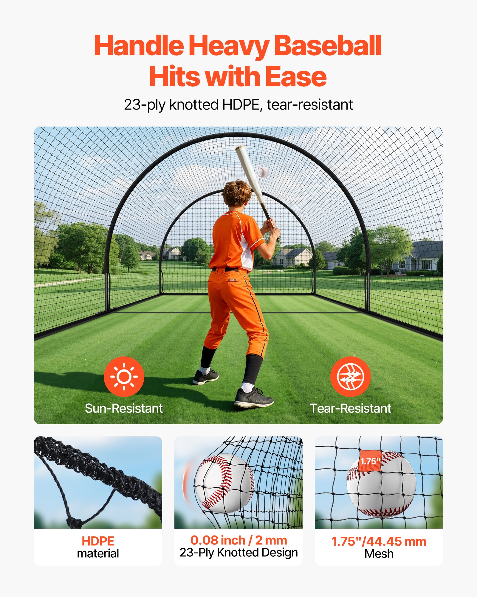 VEVOR Red Semicircular para Bateo de Béisbol de 606 x 366 x 250 cm, con Tejido HDPE Anudado de 30 Capas y Abertura para Lanzadores, para Entrenamiento Intensivo en Interiores y Exteriores, Negro
