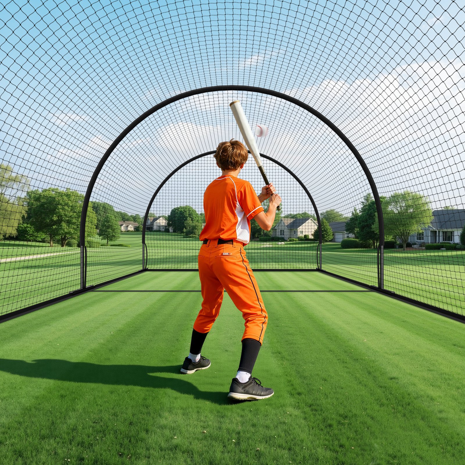 VEVOR Red Semicircular para Bateo de Béisbol de 606 x 366 x 250 cm, con Tejido HDPE Anudado de 30 Capas y Abertura para Lanzadores, para Entrenamiento Intensivo en Interiores y Exteriores, Negro