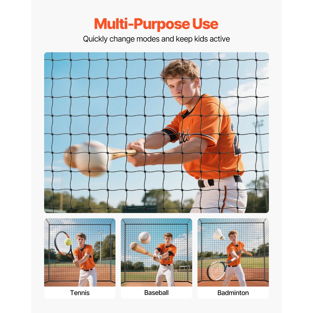 VEVOR Red Rectangular Portátil para Bateo de Béisbol, con Tejido HDPE Anudado de 45 Capas y Cuerdas Largas de Posicionamiento, 10668 x 3200 x 3100 mm, para Patio, Gimnasios, Centros Entrenamiento