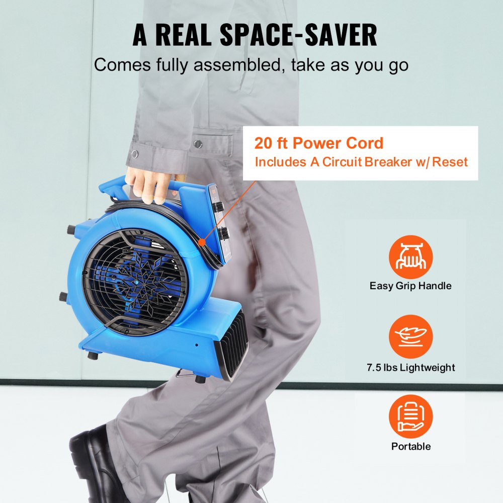 VEVOR Soplador de Suelo 1250 RPM Ventilador de Secado por Enfriamiento 73 m³/min Secador de Alfombras Portátil 4 Ángulos de Soplado Temporizador 3 Velocidades para Limpieza, Hogar, Comercial