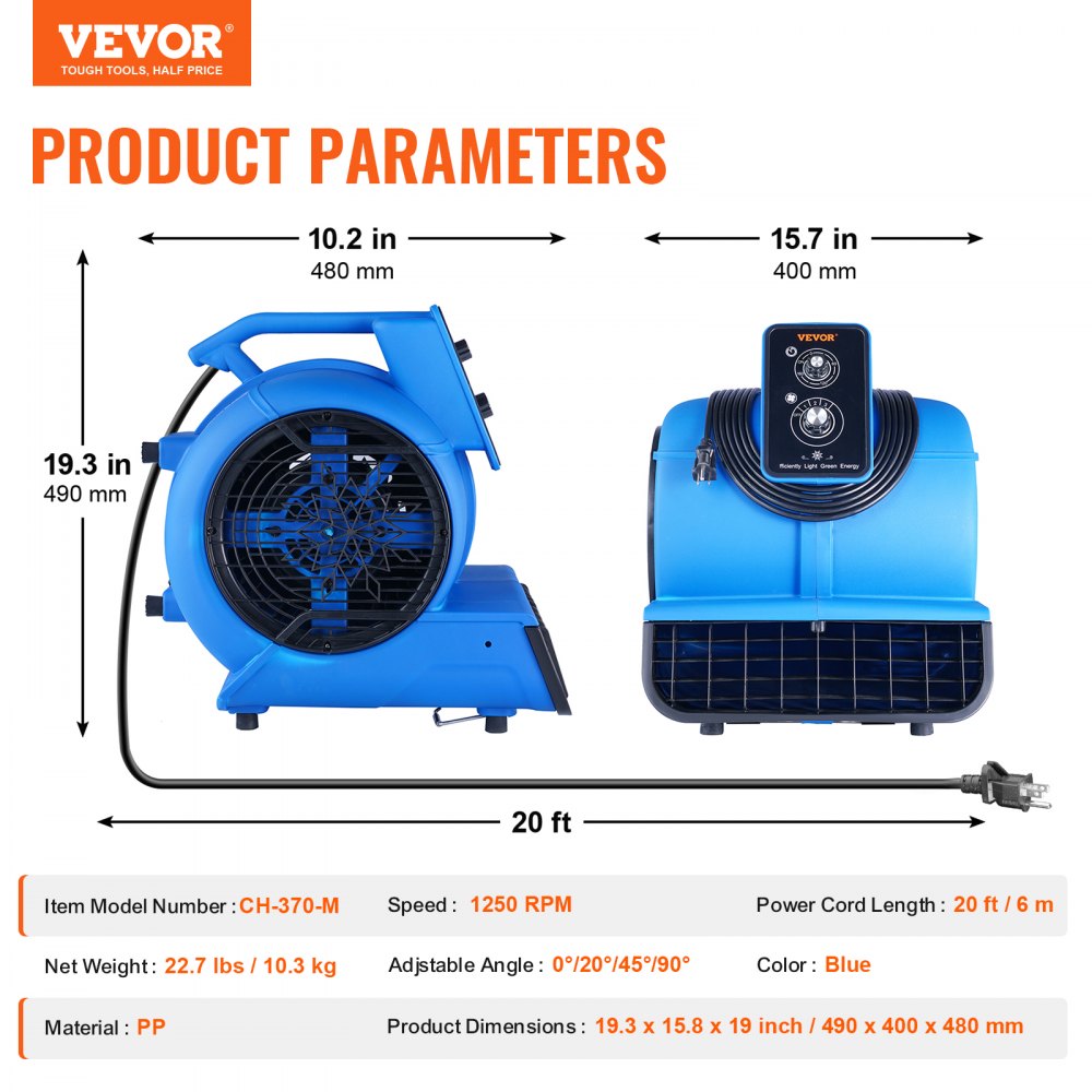 VEVOR Soplador de Suelo 1250 RPM Ventilador de Secado por Enfriamiento 73 m³/min Secador de Alfombras Portátil 4 Ángulos de Soplado Temporizador 3 Velocidades para Limpieza, Hogar, Comercial