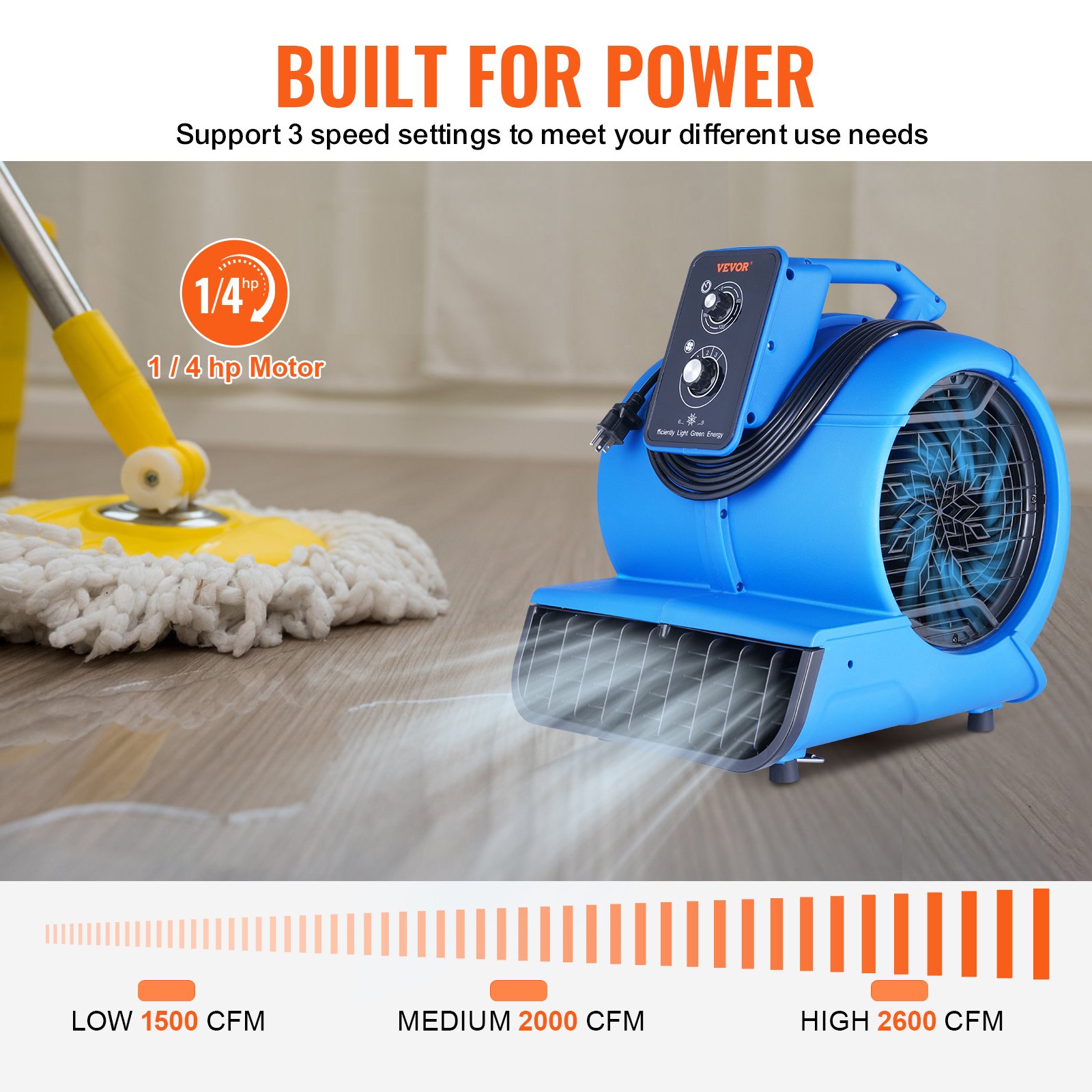 VEVOR Soplador de Suelo 1250 RPM Ventilador de Secado por Enfriamiento 73 m³/min Secador de Alfombras Portátil 4 Ángulos de Soplado Temporizador 3 Velocidades para Limpieza, Hogar, Comercial