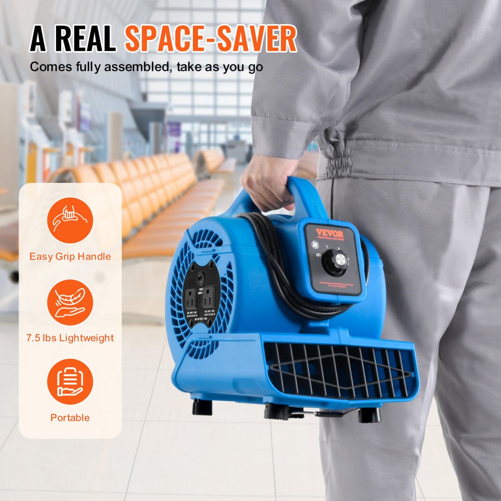 VEVOR Soplador de Suelo 1360 RPM Ventilador de Secado por Enfriamiento 17 m³/min Secador de Alfombras Portátil 4 Ángulos de Soplado Temporizador 3 Velocidades para Limpieza, Hogar, Comercial