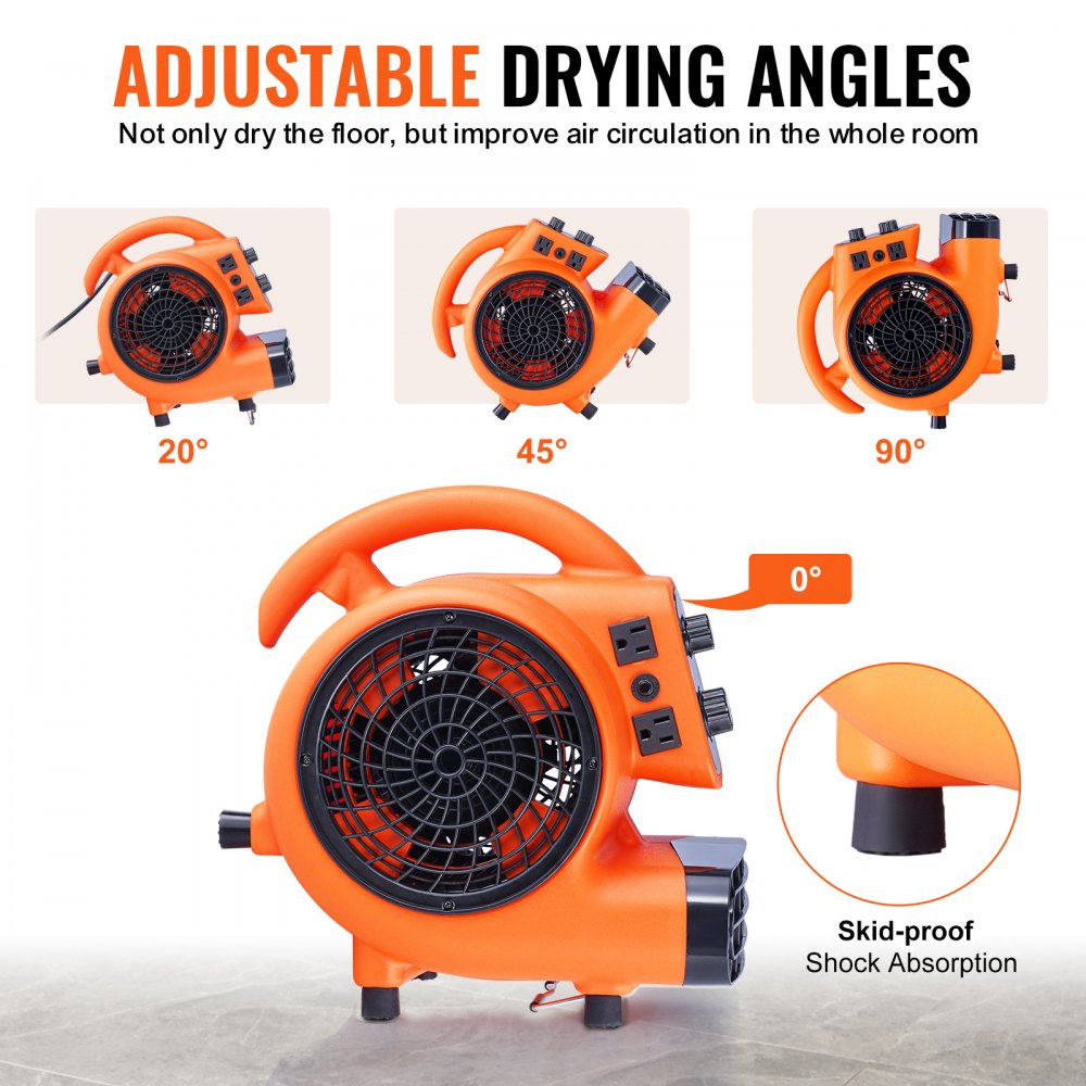VEVOR Soplador de Suelo 1380 RPM Ventilador de Secado por Enfriamiento 28 m³/min Secador de Alfombras Portátil 4 Ángulos de Soplado Temporizador 3 Velocidades para Limpieza, Hogar, Comercial