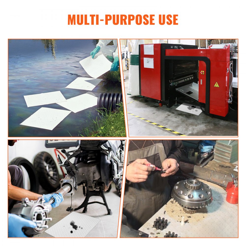 VEVOR Almohadillas Absorbentes de Polipropileno para Derrames de Petróleo 100 Piezas Tapete Absorbente de Hasta 75,8 L 380 x 500 x 3,5 mm para Derrames, Cocina Sótano Almacén Fábrica Taller