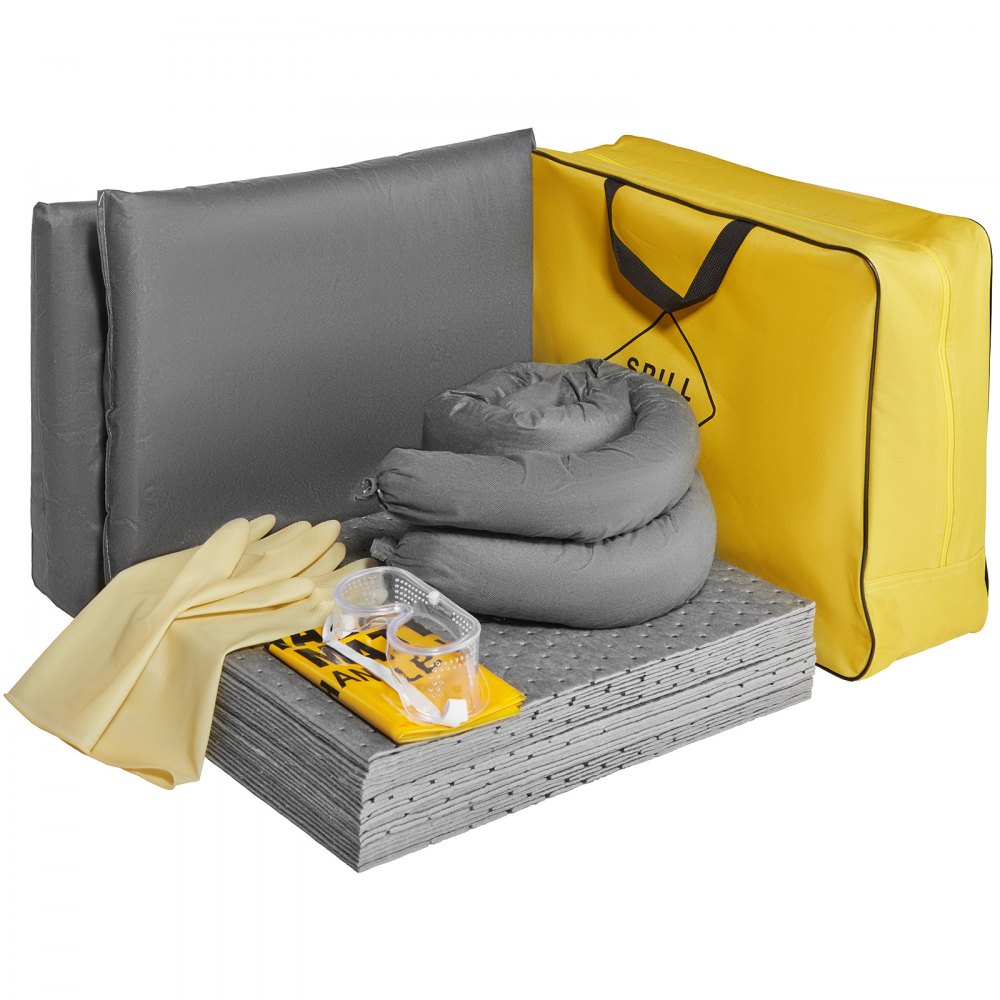 Kit antiderrames universal VEVOR con bolsa amarilla, almohadillas absorbentes, guantes y gafas de seguridad.