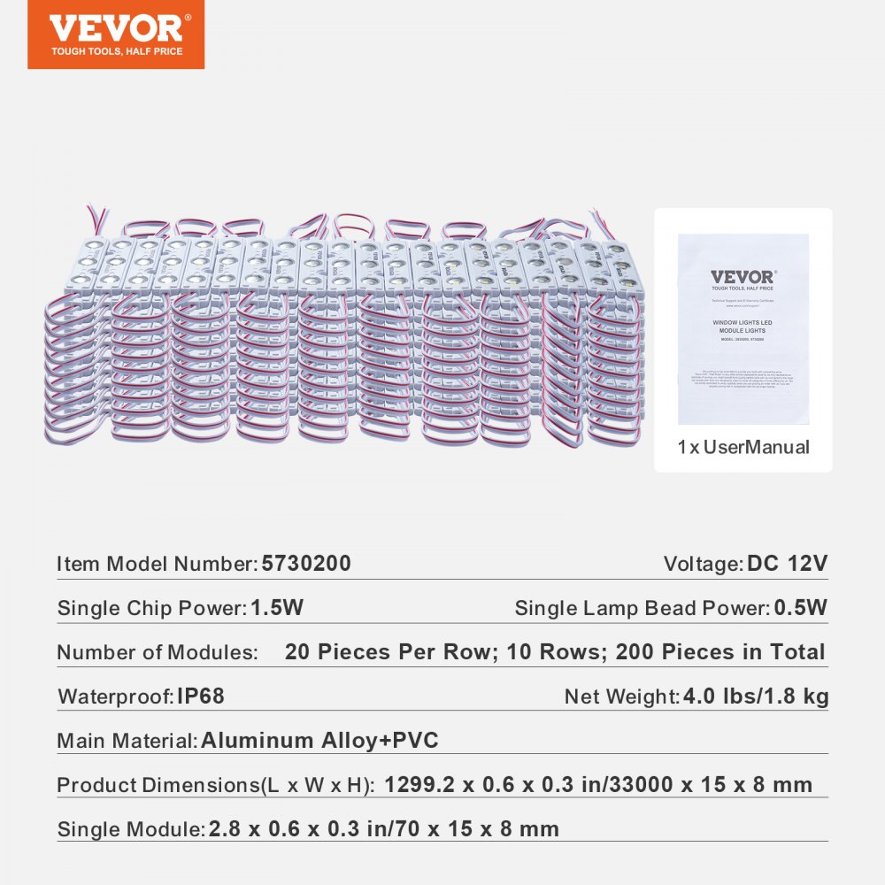 Luces LED para escaparates VEVOR, 200 piezas, 12 V CC, resistencia al agua IP68, aleación de aluminio + PVC, 20 filas.