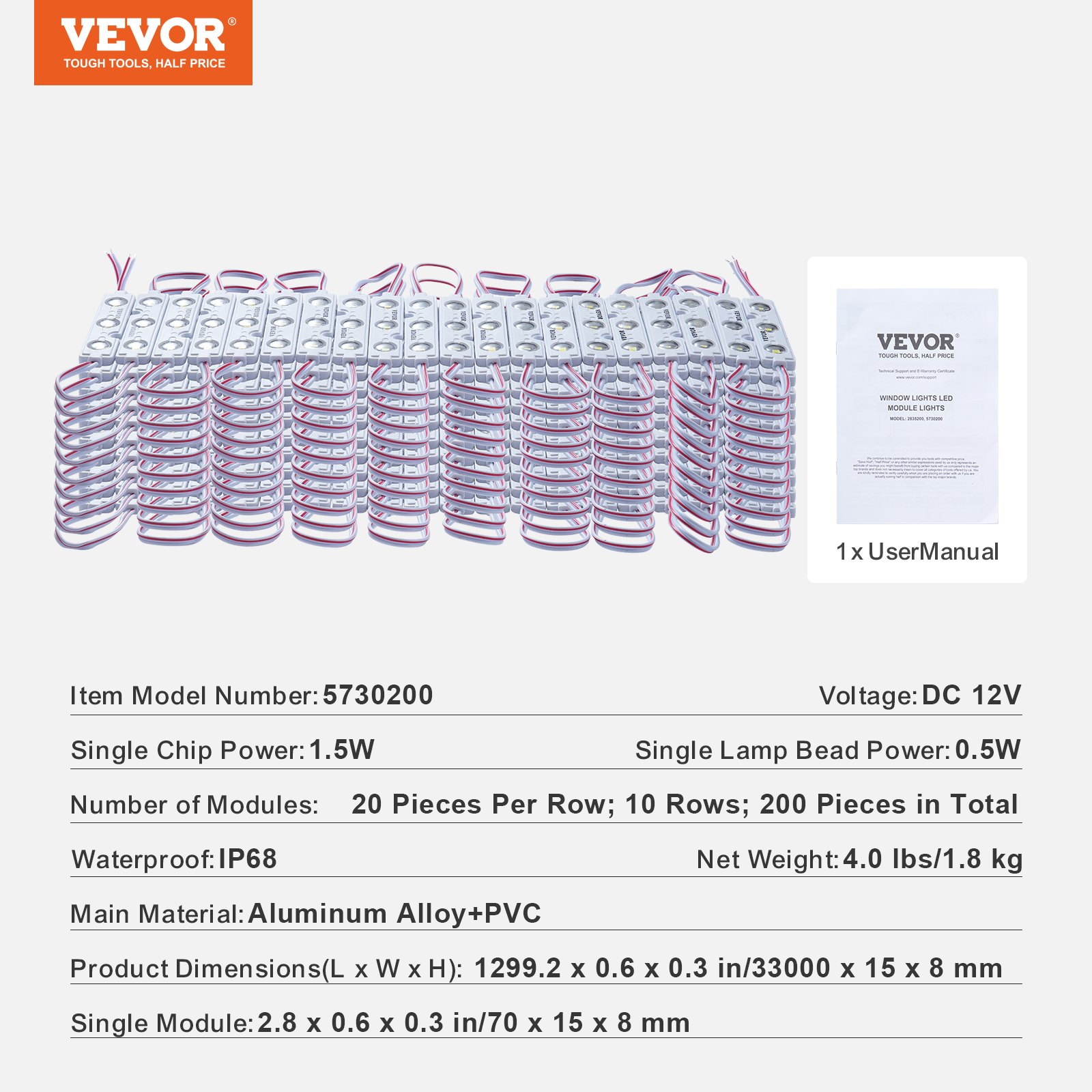 Luces LED para escaparates VEVOR, 200 piezas, 12 V CC, resistencia al agua IP68, aleación de aluminio + PVC, 20 filas.
