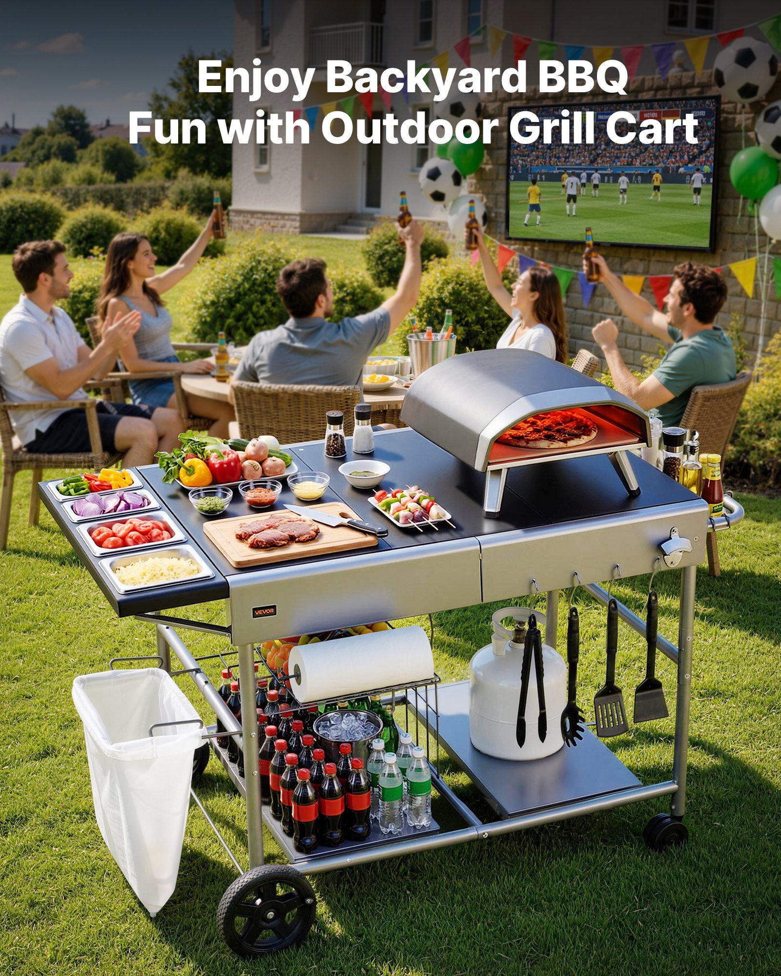 VEVOR Carro de Barbacoa para Exterior, Mesa de Barbacoa con Ruedas y Estante, Carrito con 4 Recipientes para Especias, Tapas y Ganchos, Mesa Auxiliar para Jardín, Picnic, Cocina, Patio