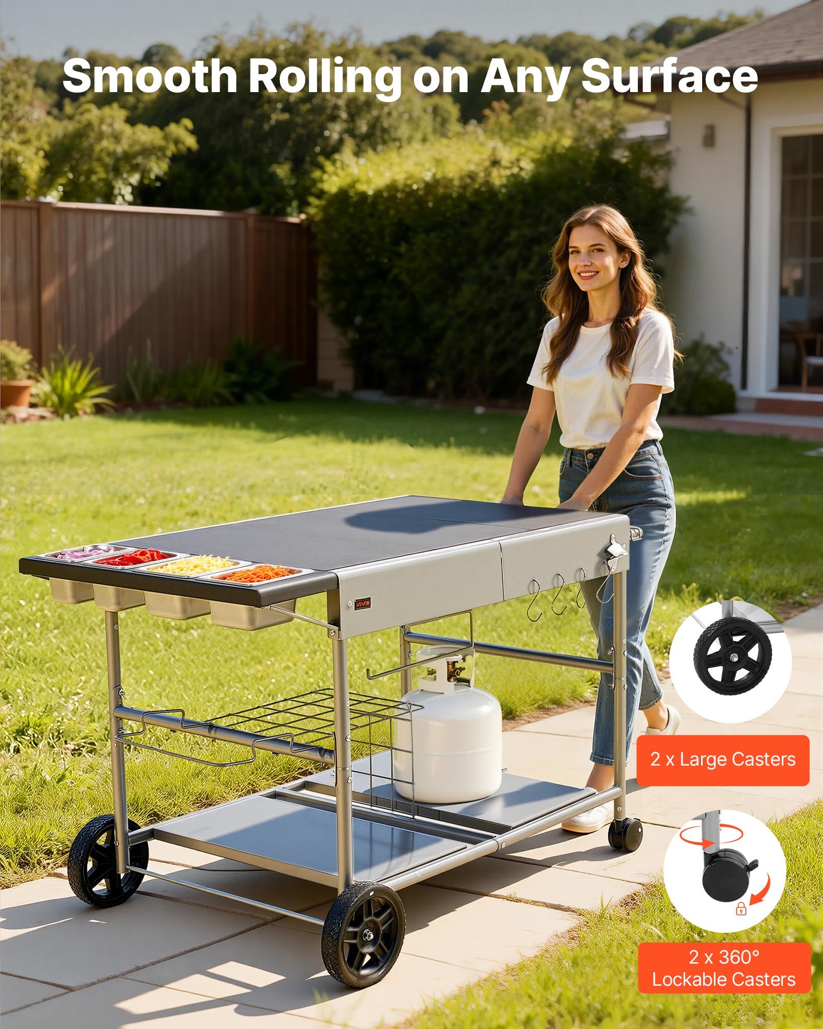VEVOR Carro de Barbacoa para Exterior, Mesa de Barbacoa con Ruedas y Estante, Carrito con 4 Recipientes para Especias, Tapas y Ganchos, Mesa Auxiliar para Jardín, Picnic, Cocina, Patio