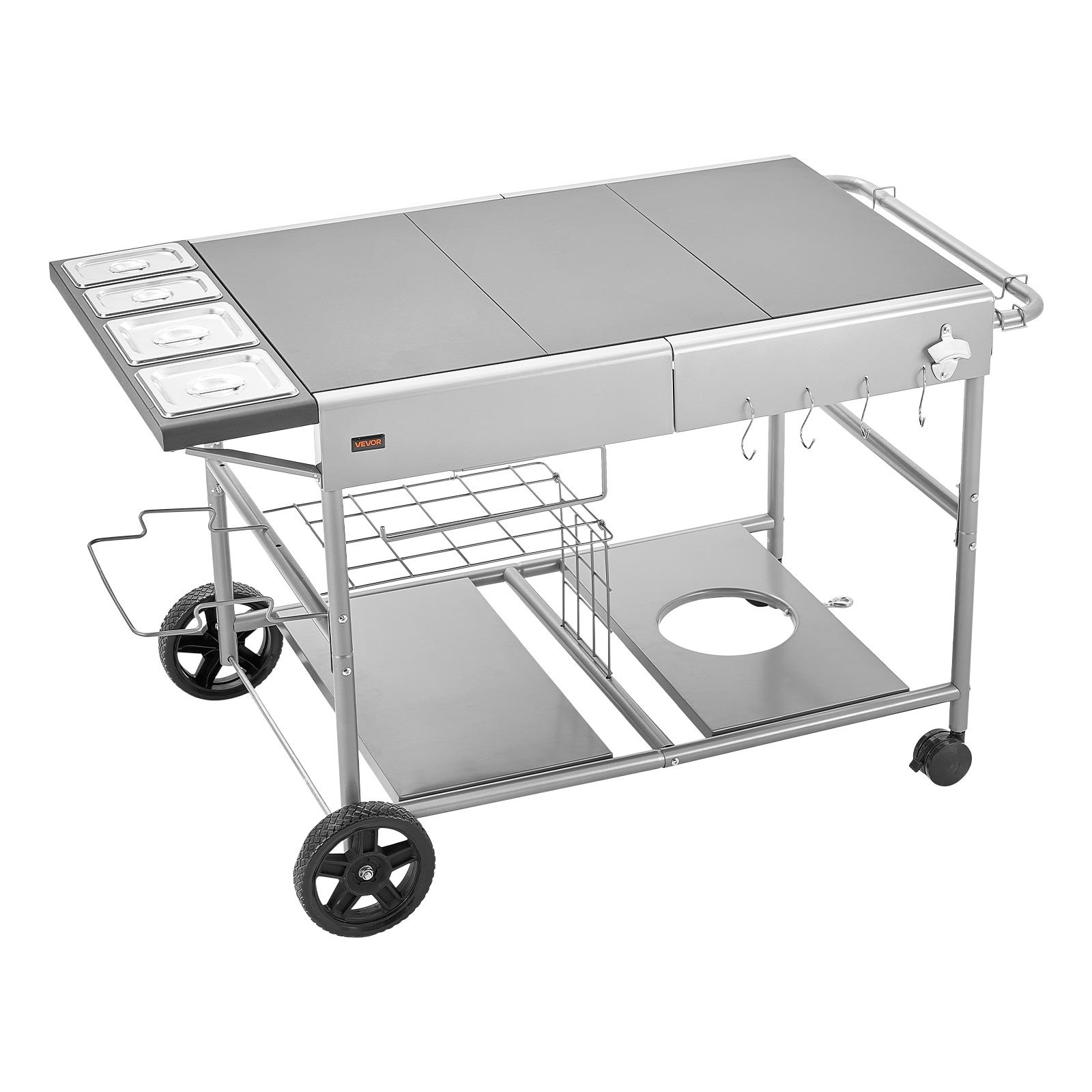 VEVOR Carro de Barbacoa para Exterior, Mesa de Barbacoa con Ruedas y Estante, Carrito con 4 Recipientes para Especias, Tapas y Ganchos, Mesa Auxiliar para Jardín, Picnic, Cocina, Patio
