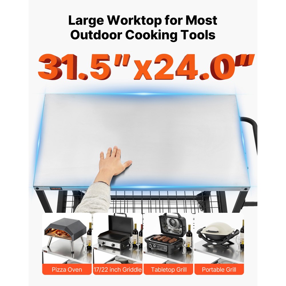 VEVOR Carro de Barbacoa para Exterior 800 x 610 mm, Superficie de Acero Inoxidable, Mesa de Barbacoa con 4 Ruedas, 2 Estantes de Malla y Asa Lateral, Mesa Auxiliar para Jardín, Picnic, Cocina, Patio