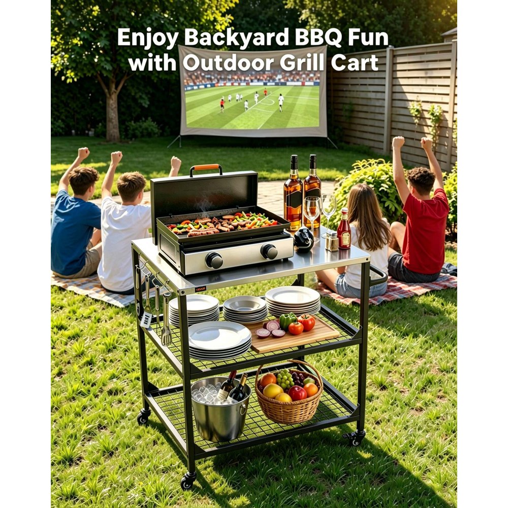 VEVOR Carro de Barbacoa para Exterior 800 x 610 mm, Superficie de Acero Inoxidable, Mesa de Barbacoa con 4 Ruedas, 2 Estantes de Malla y Asa Lateral, Mesa Auxiliar para Jardín, Picnic, Cocina, Patio