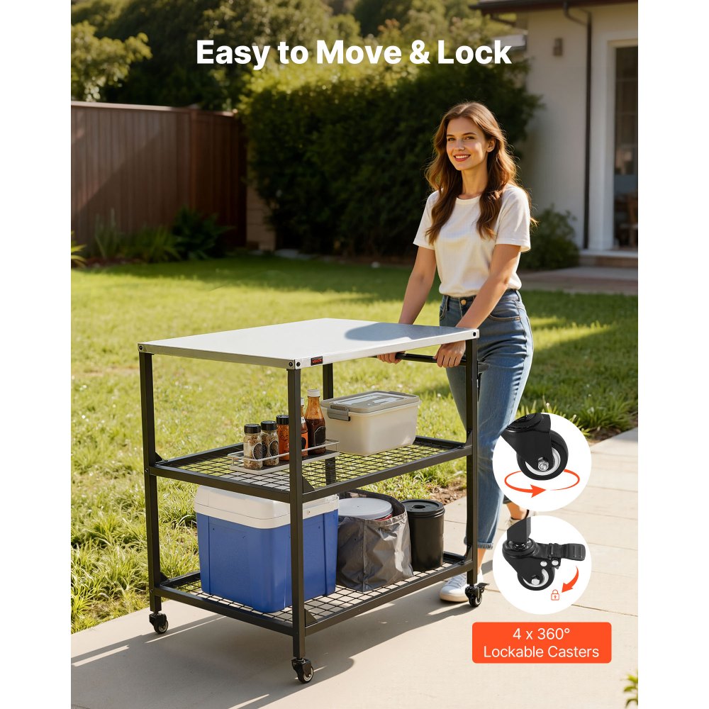 VEVOR Carro de Barbacoa para Exterior 800 x 610 mm, Superficie de Acero Inoxidable, Mesa de Barbacoa con 4 Ruedas, 2 Estantes de Malla y Asa Lateral, Mesa Auxiliar para Jardín, Picnic, Cocina, Patio