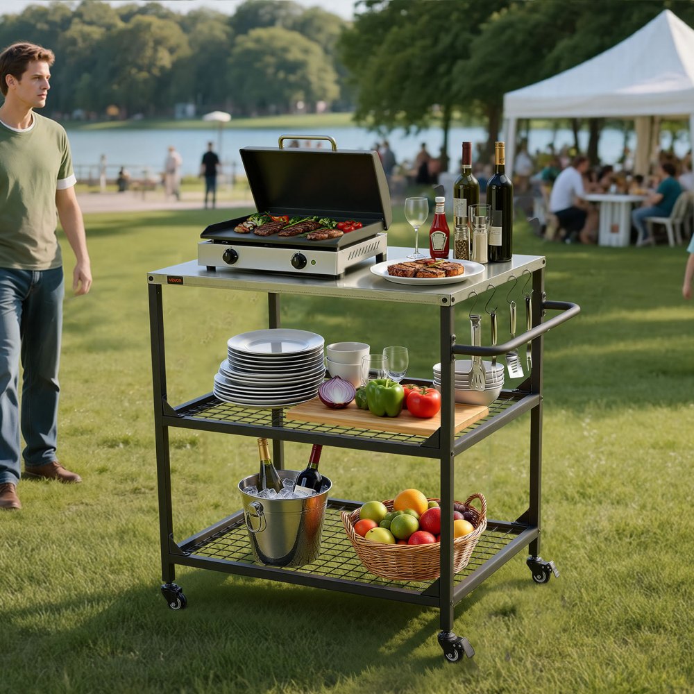 VEVOR Carro de Barbacoa para Exterior 800 x 610 mm, Superficie de Acero Inoxidable, Mesa de Barbacoa con 4 Ruedas, 2 Estantes de Malla y Asa Lateral, Mesa Auxiliar para Jardín, Picnic, Cocina, Patio